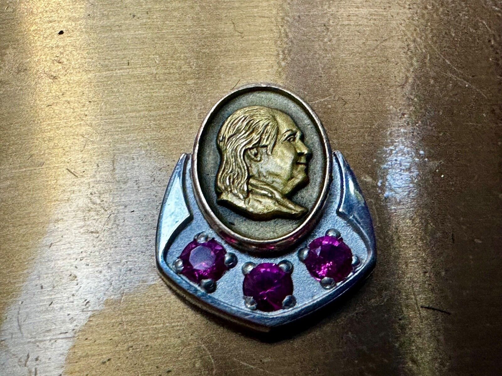 Vintage 10K Gold Benjamin Ben Franklin Centerpiece Belt Buckle with 3 ruby's
