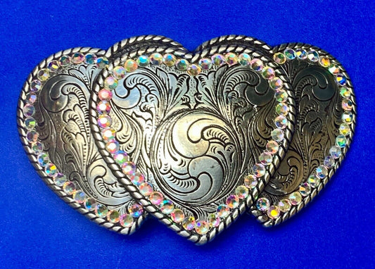 Three Hearts - Ornate Shaped Cowboy Cowgirl Rhinestone Accented Belt Buckle