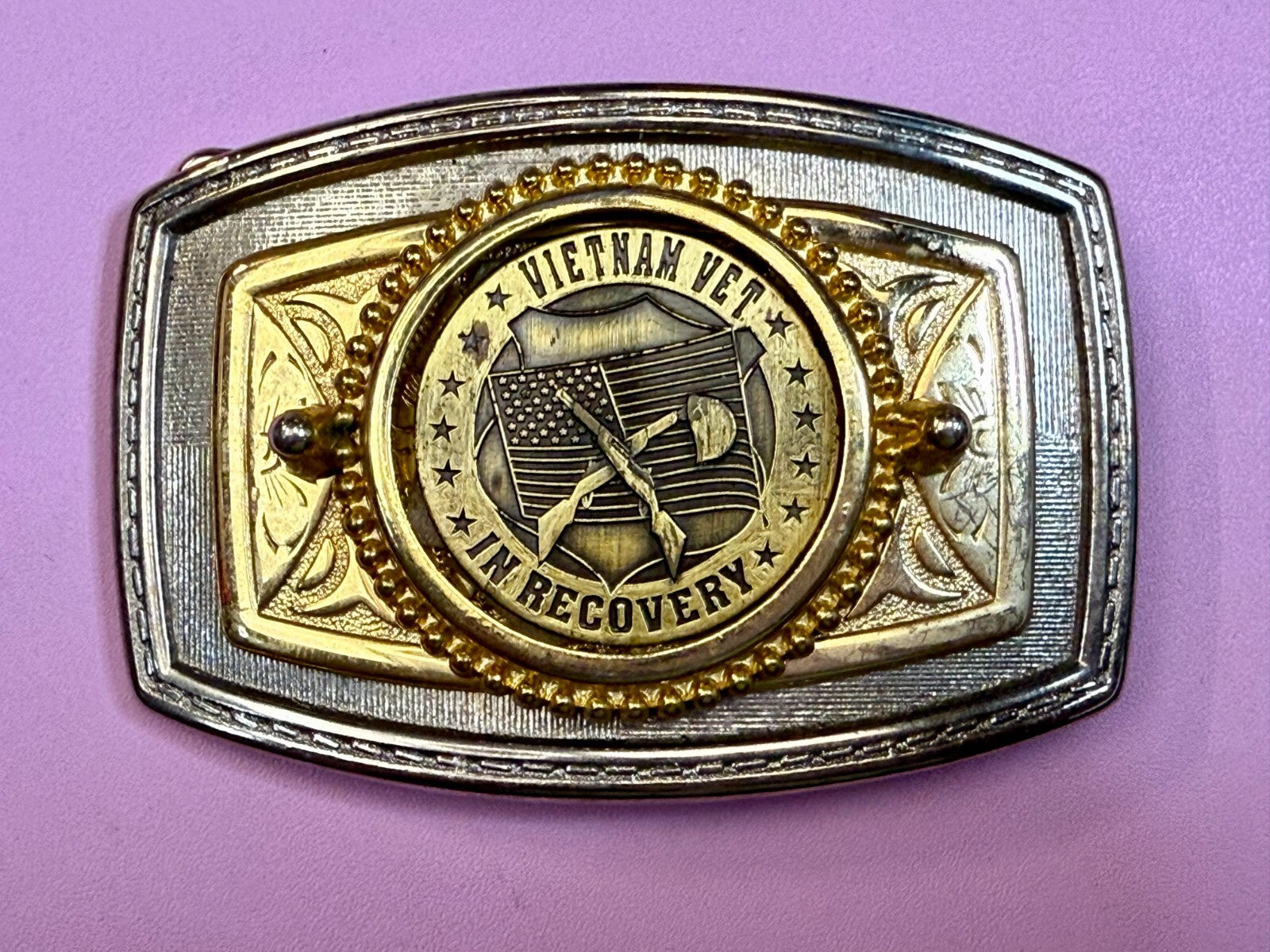 Vietnam Vet In Recovery Patriotic American Usa Gold Tone Belt Buckle