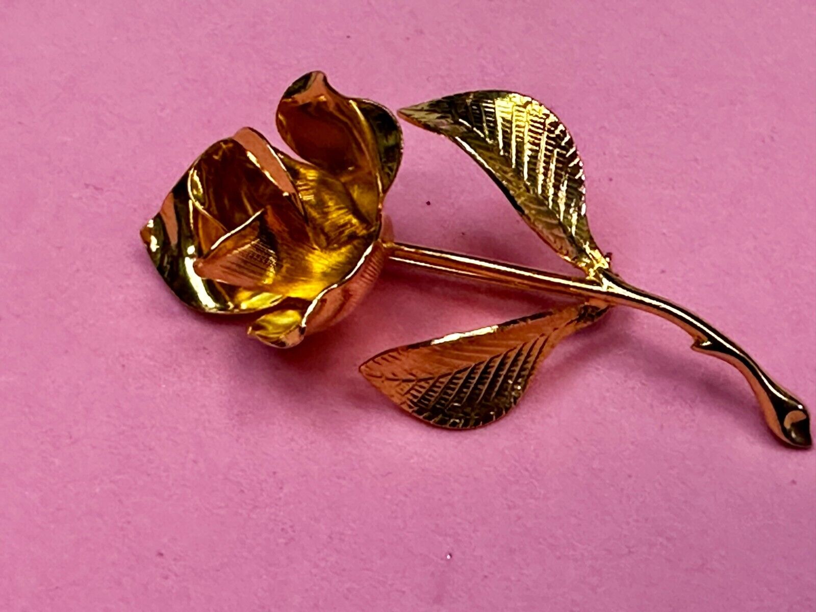 Beautiful Long Stem Rose Flower Gold Tone Vintage Brooch Pin Signed by Cerrito