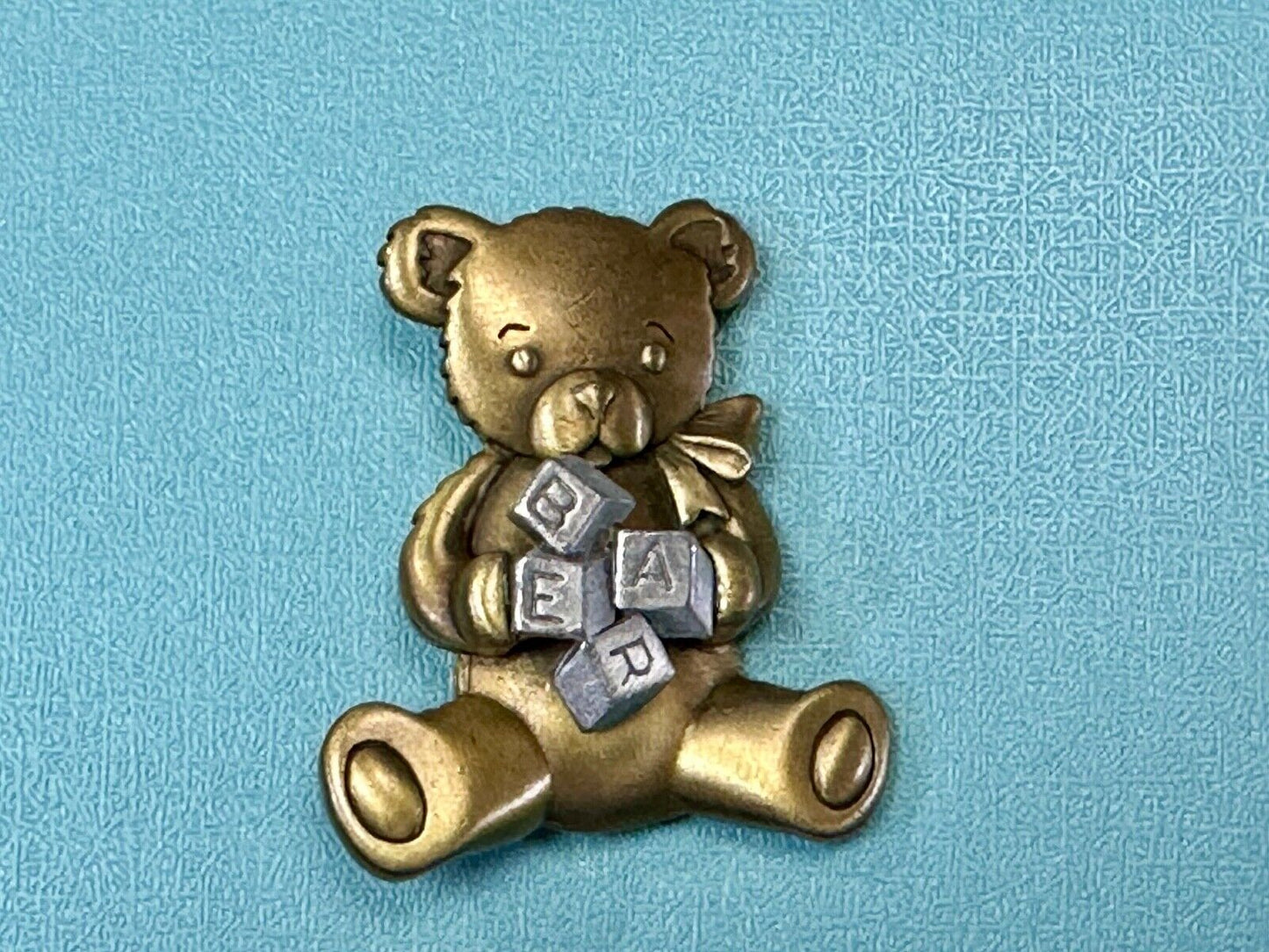 Adorable Two tone Teddy Bear with blocks JJ Signed vintage brooch pin