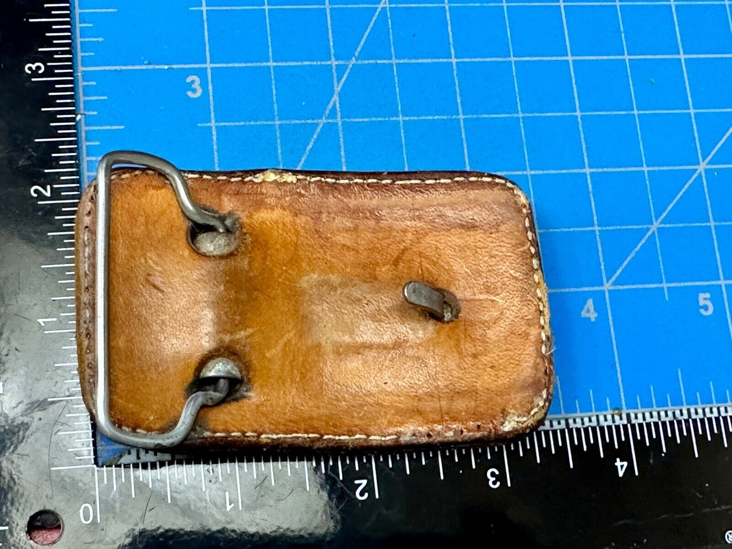 Unique Calf? Cow? Goat? Vintage brown leather stitched Belt Buckle