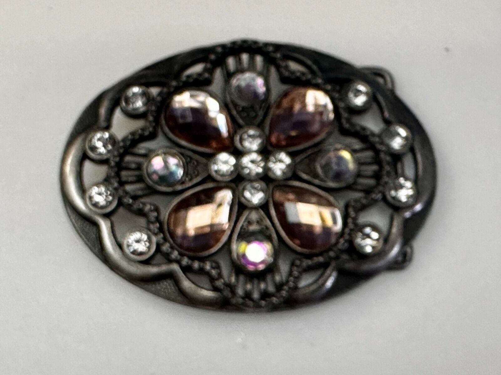 Beautiful Floral Design Silver Tone Metal W/ Rhinestones See Through Belt Buckle