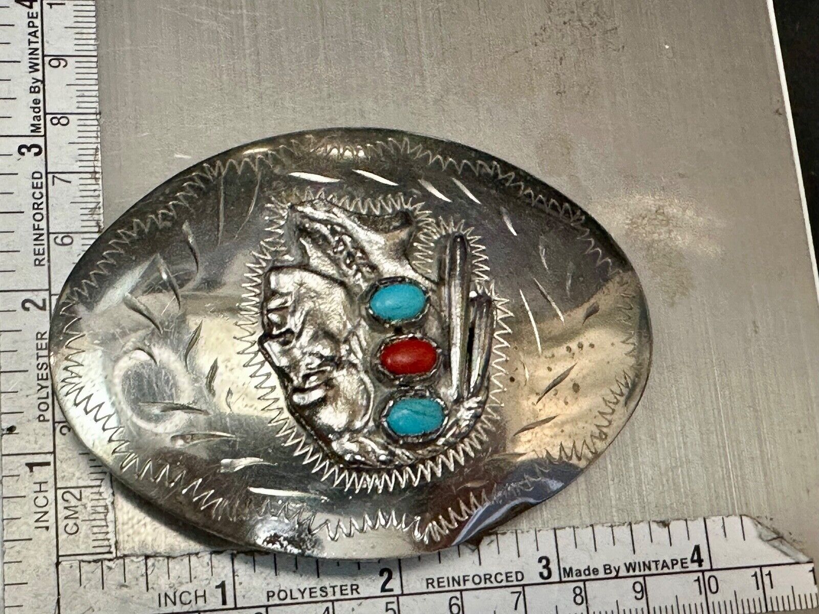Artisan Native American Indian Bust Belt Buckle  Faux Turquoise & coral accents