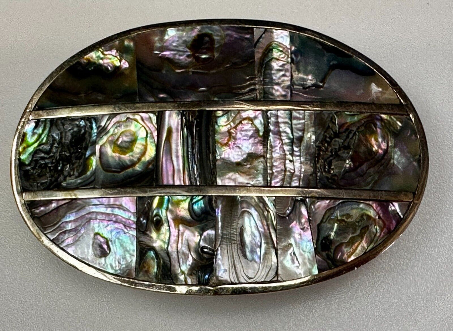 Artisan Natural Abalone Shell Vintage Belt Buckle Stamped Alpaca Mexico