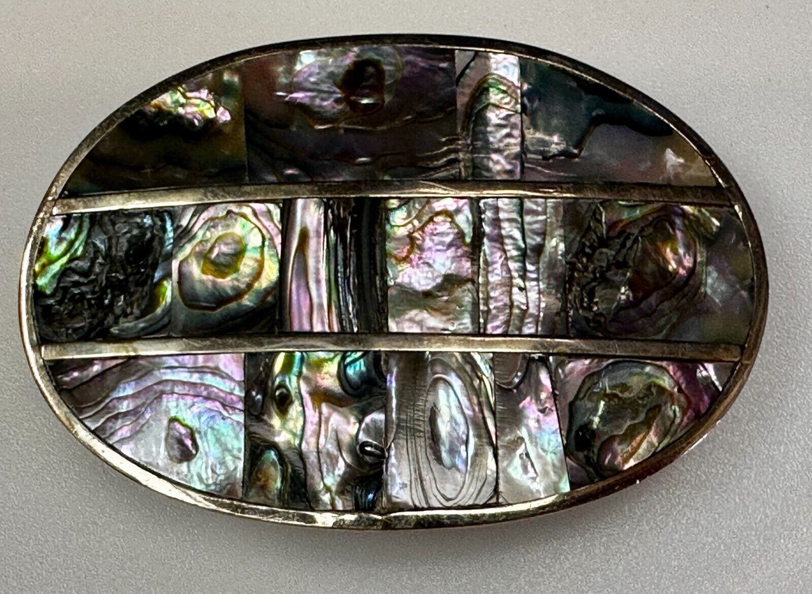 Artisan Natural Abalone Shell Vintage Belt Buckle Stamped Alpaca Mexico