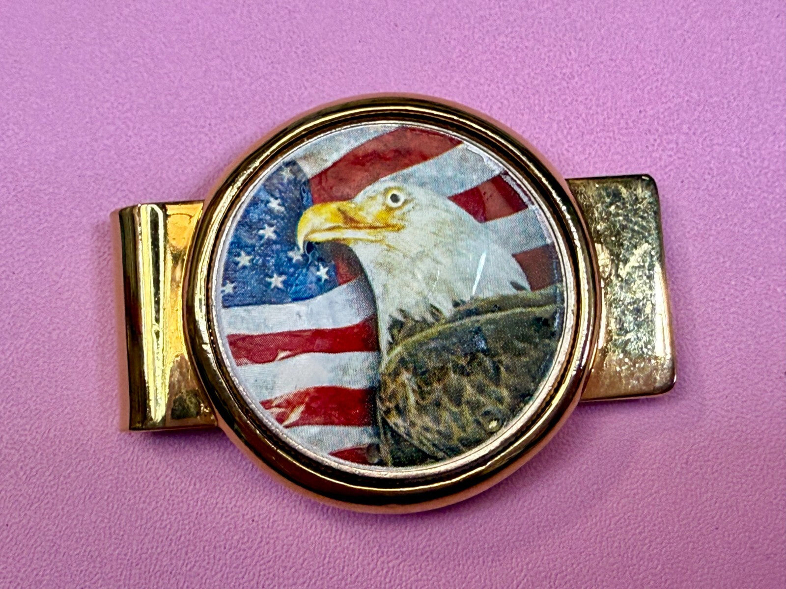 United States American Flag Patriotic Bald Eagle Gold Tone Vintage Money Clip