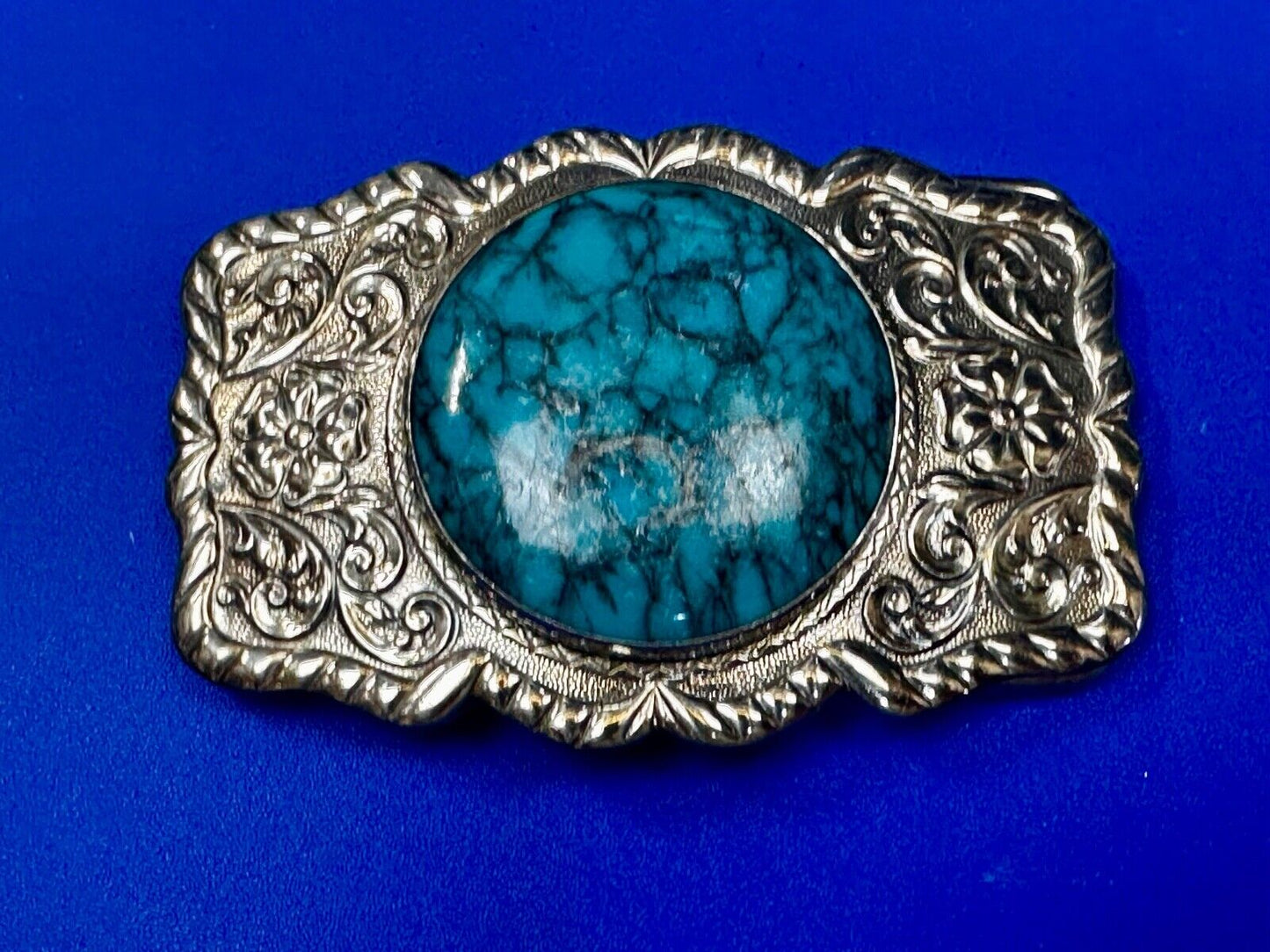 1960s Bell Trading Post Nickel Silver W/ Round Simulated Turquoise Belt Buckle