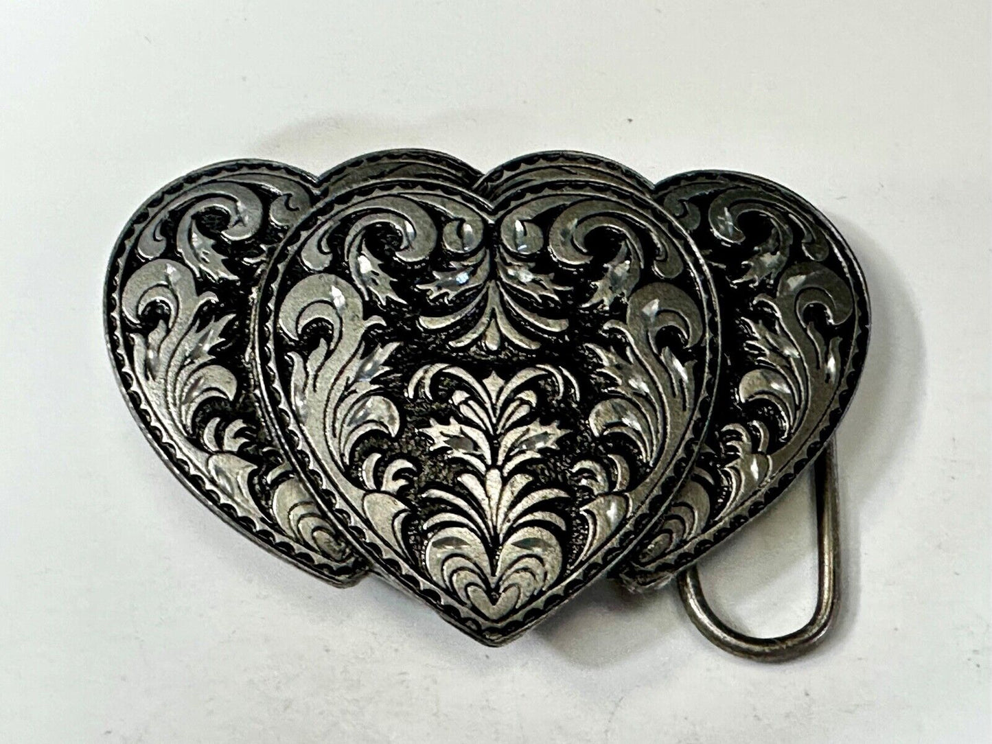 Tripple 3 Hearts. Western Three Heart shaped Vtg. 1995 cutout Belt Buckle by C&J