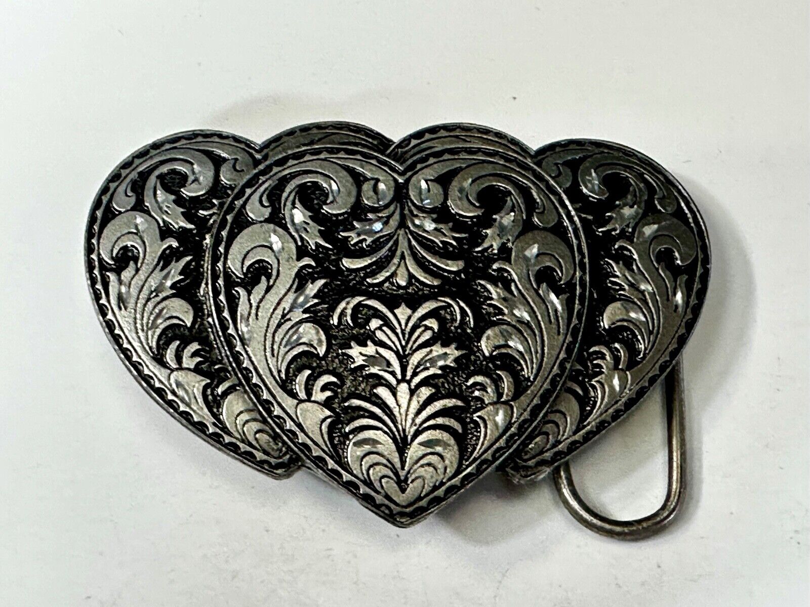 Tripple 3 Hearts. Western Three Heart shaped Vtg. 1995 cutout Belt Buckle by C&J