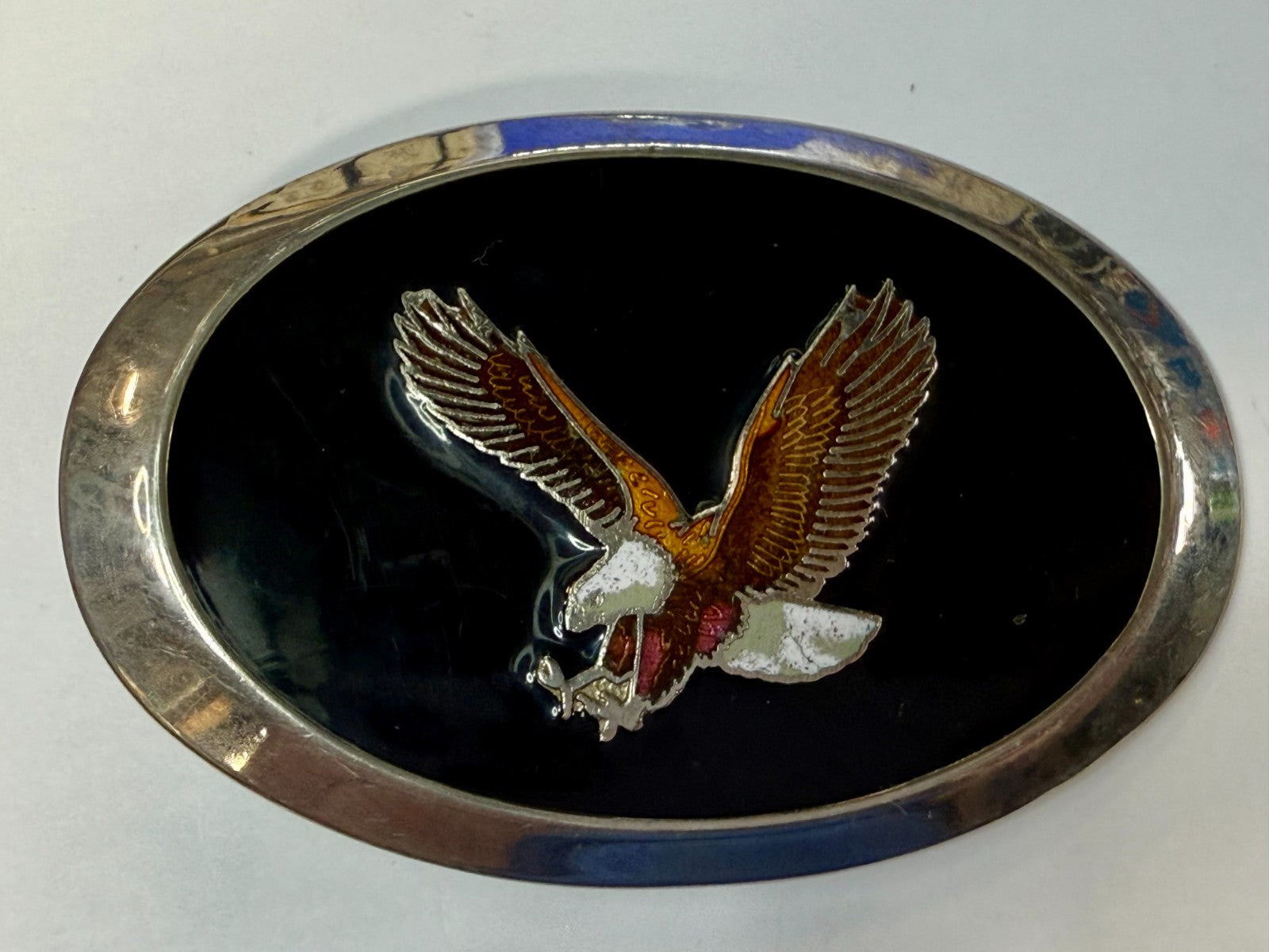 American Bald Eagle Flying Hunting Claws Black Enameled Western Oval Belt Buckle