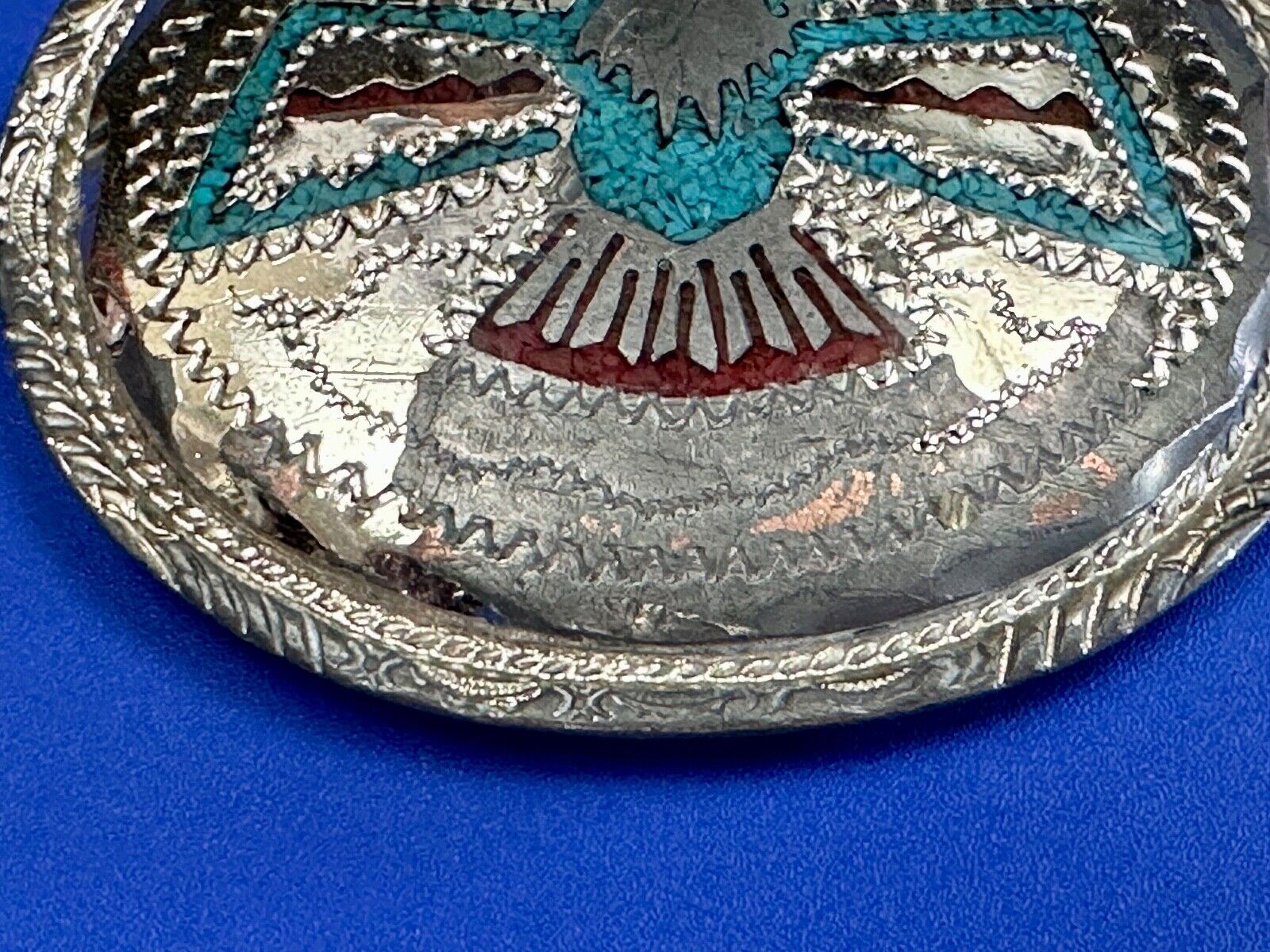 THUNDERBIRD Inlaid turquoise & Coral belt buckle - see hallmark ---   to restore