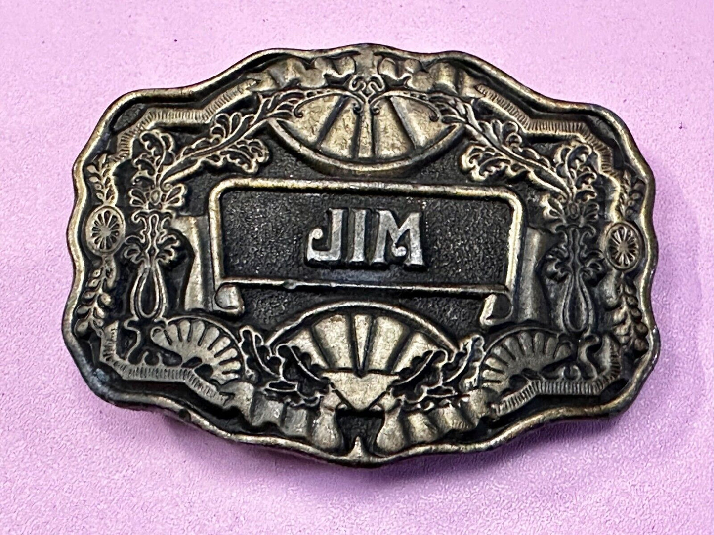 1970s  JIM Name - Custom Brass Tone Metal Oden USA Personalized Belt Buckle