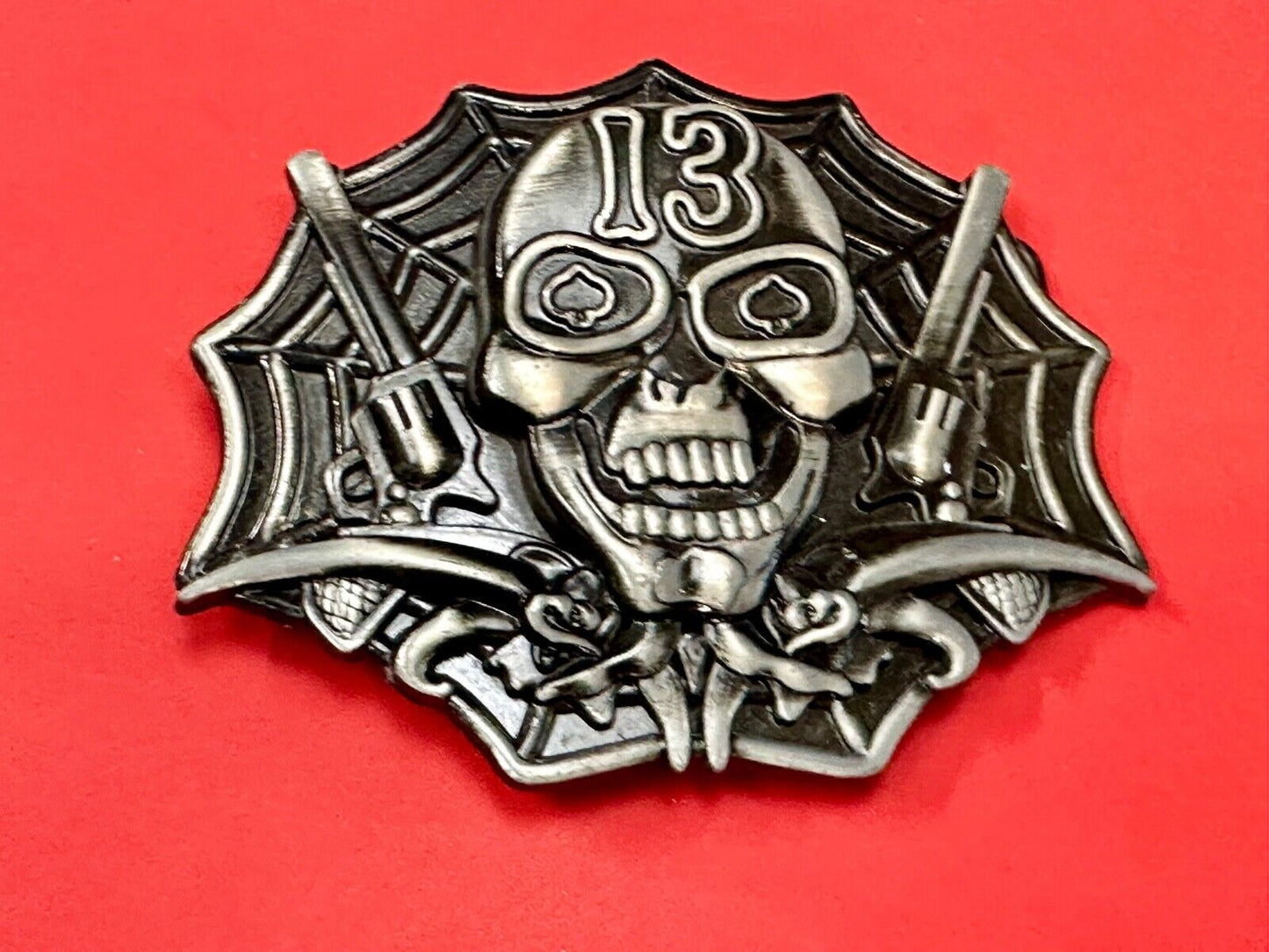Vampire Skull with bat wings and number 13 metal belt buckle