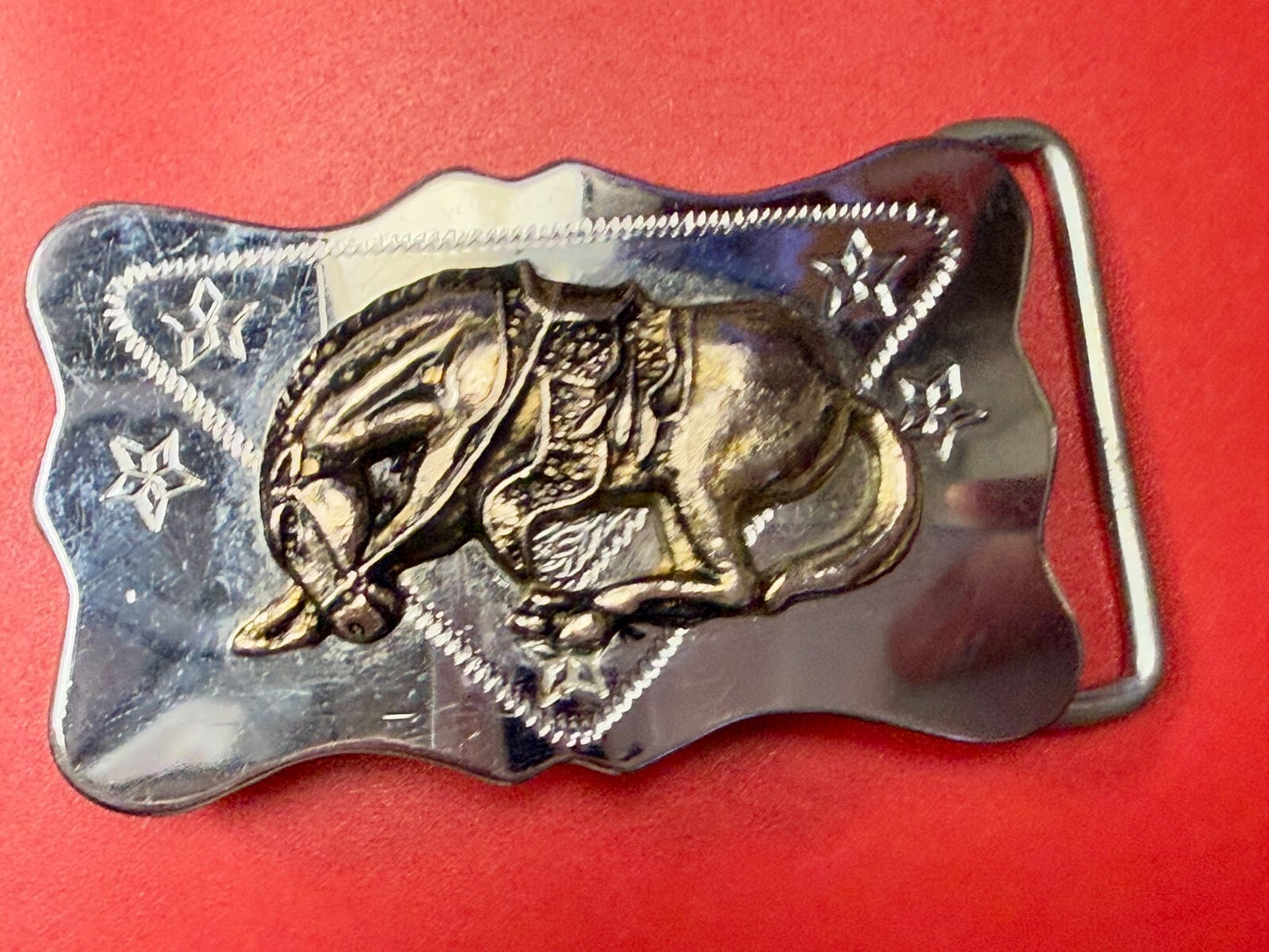 Vintage Horse Head Down End Of The Trail Reflective Two Tone Western Belt Buckle