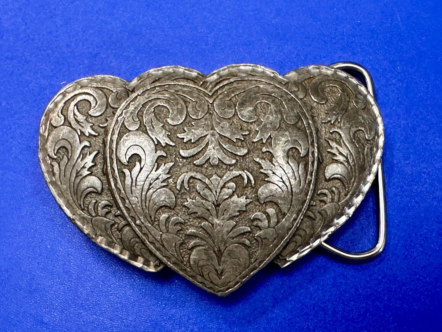 Triple Hearts Flower Swirl VTG 1995 Western Cowboy Cowgirl Belt Buckle C&J Inc.