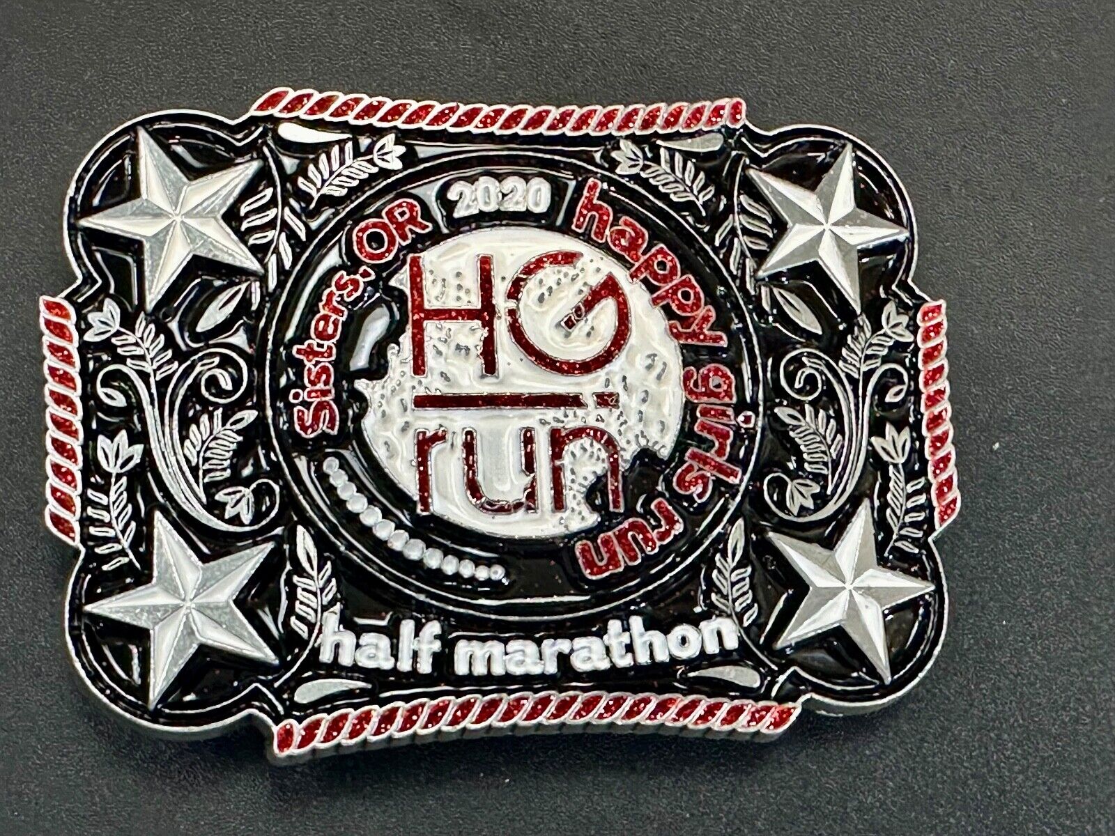 2020 Happy Girls Run HGR marathon silver tone stars in corner belt buckle