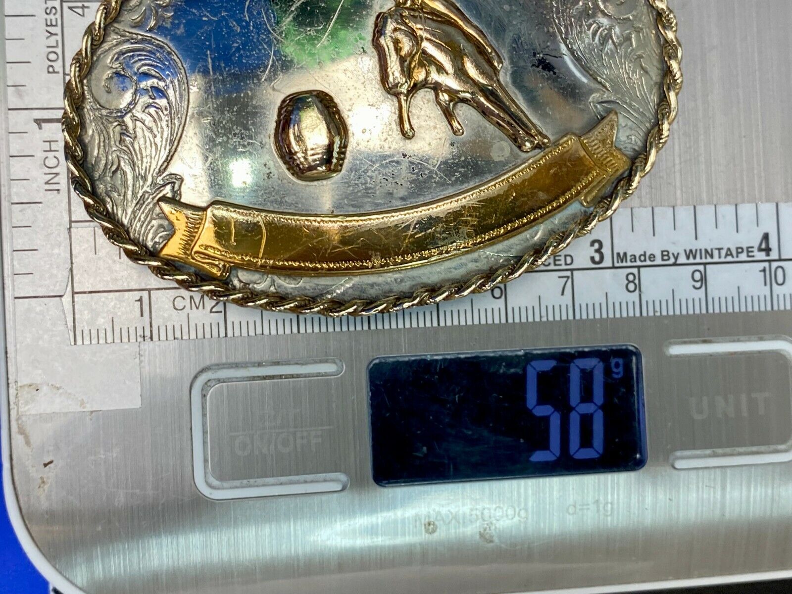 Vintage German Silver Horse Barrel Racing Western Two Tone Belt Buckle W/ Scroll