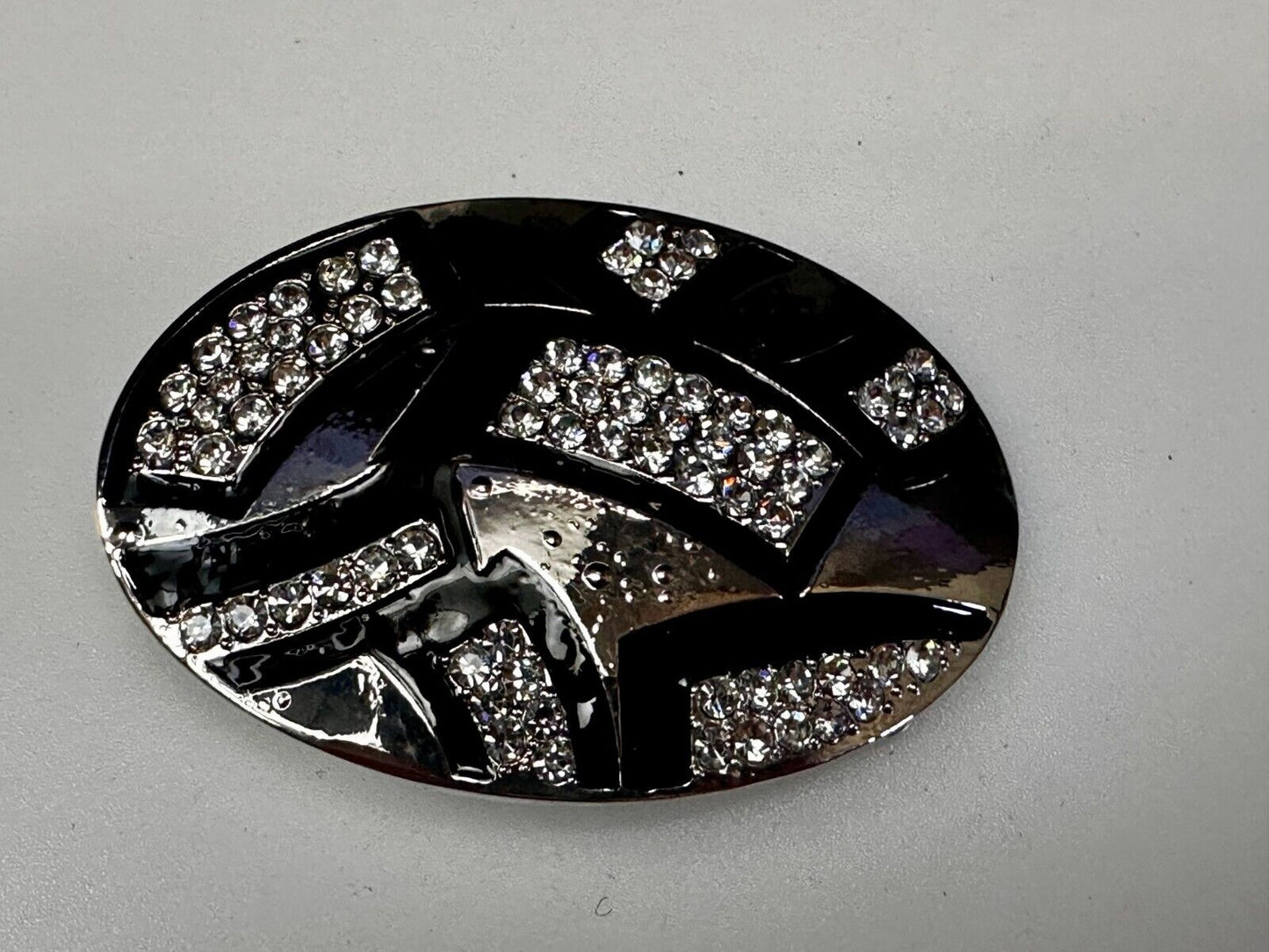 Unique Rhinestone Accented Black & Silver Tone Women's Oval Belt Buckle