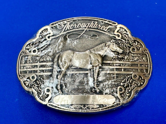 Thoroughbred Horse with Award Ribbon NOS Vintage ADM Solid Brass Belt Buckle