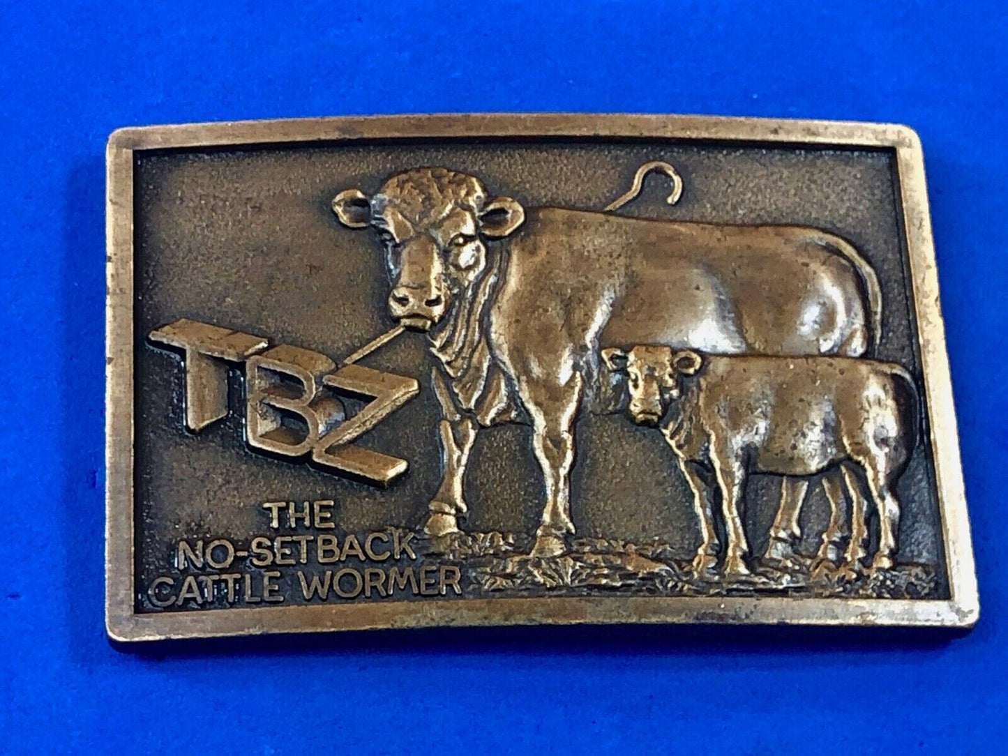 Vintage Farmers TBZ The No Setback cattle wormer belt buckle 