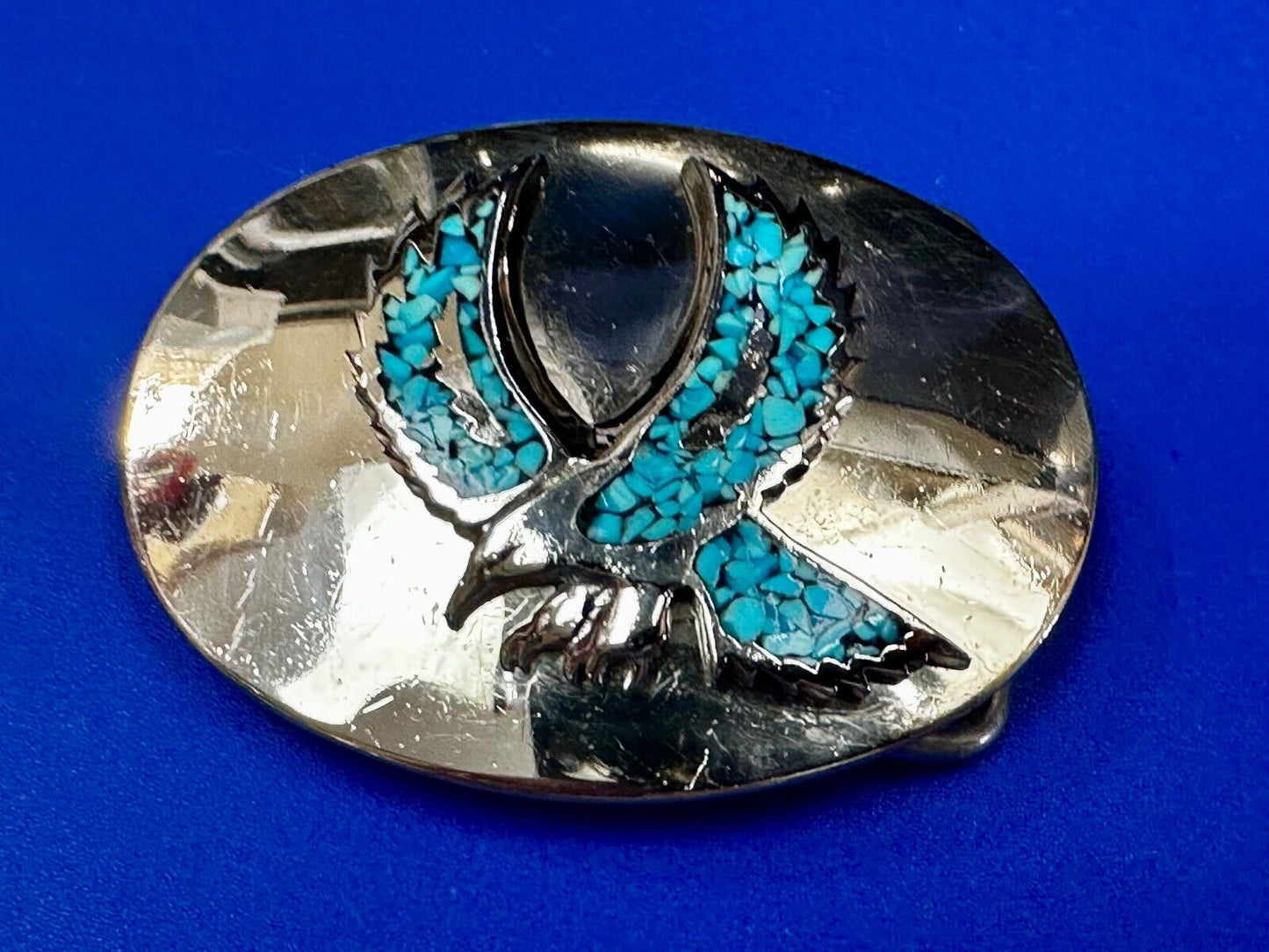 Turquoise Chip inlaid Flying Hunting Diving Patriotic American Eagle Belt Buckle
