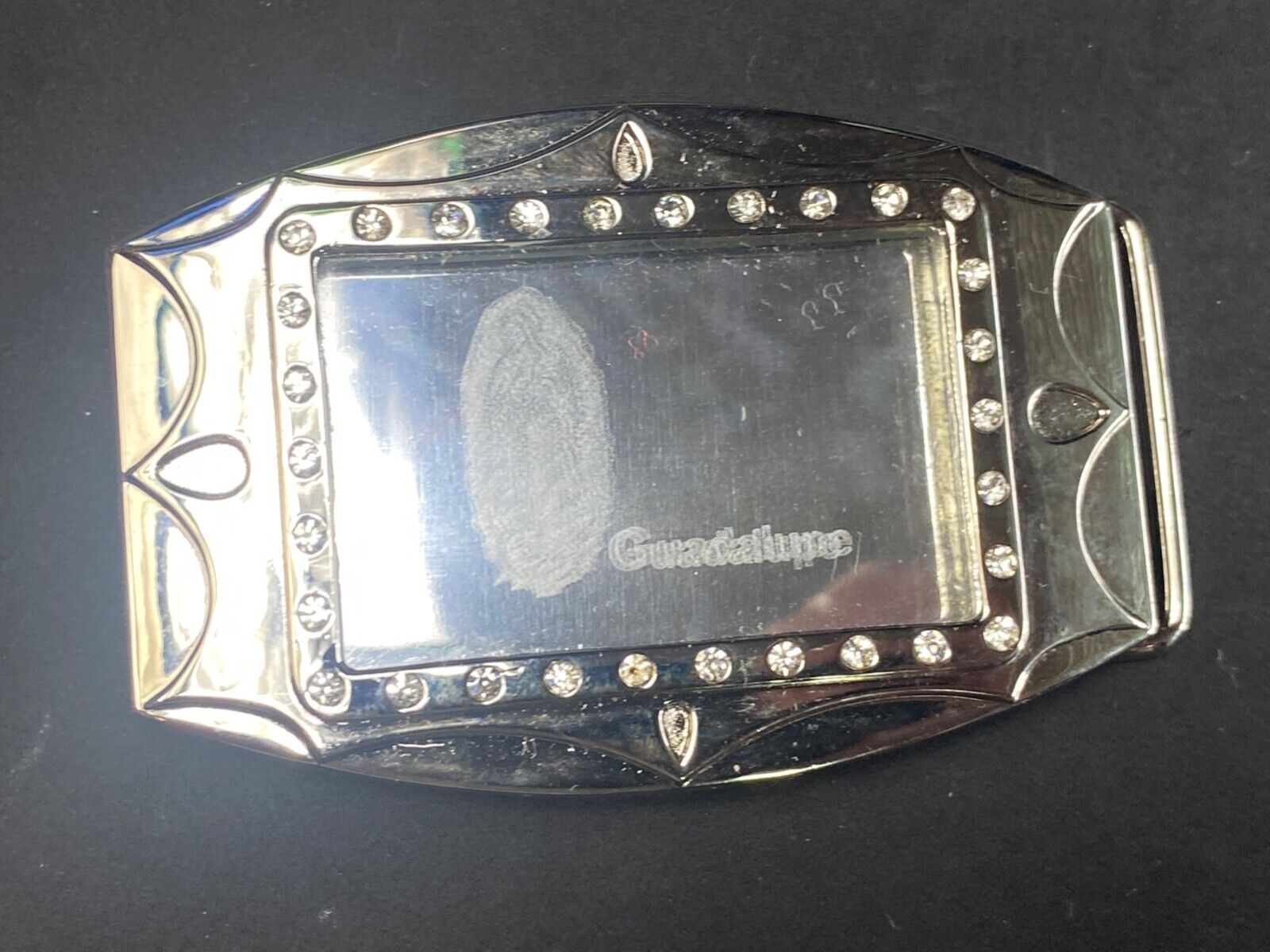 unique Mirrored Guadalupe with rhinestones silver color Hologram belt buckle