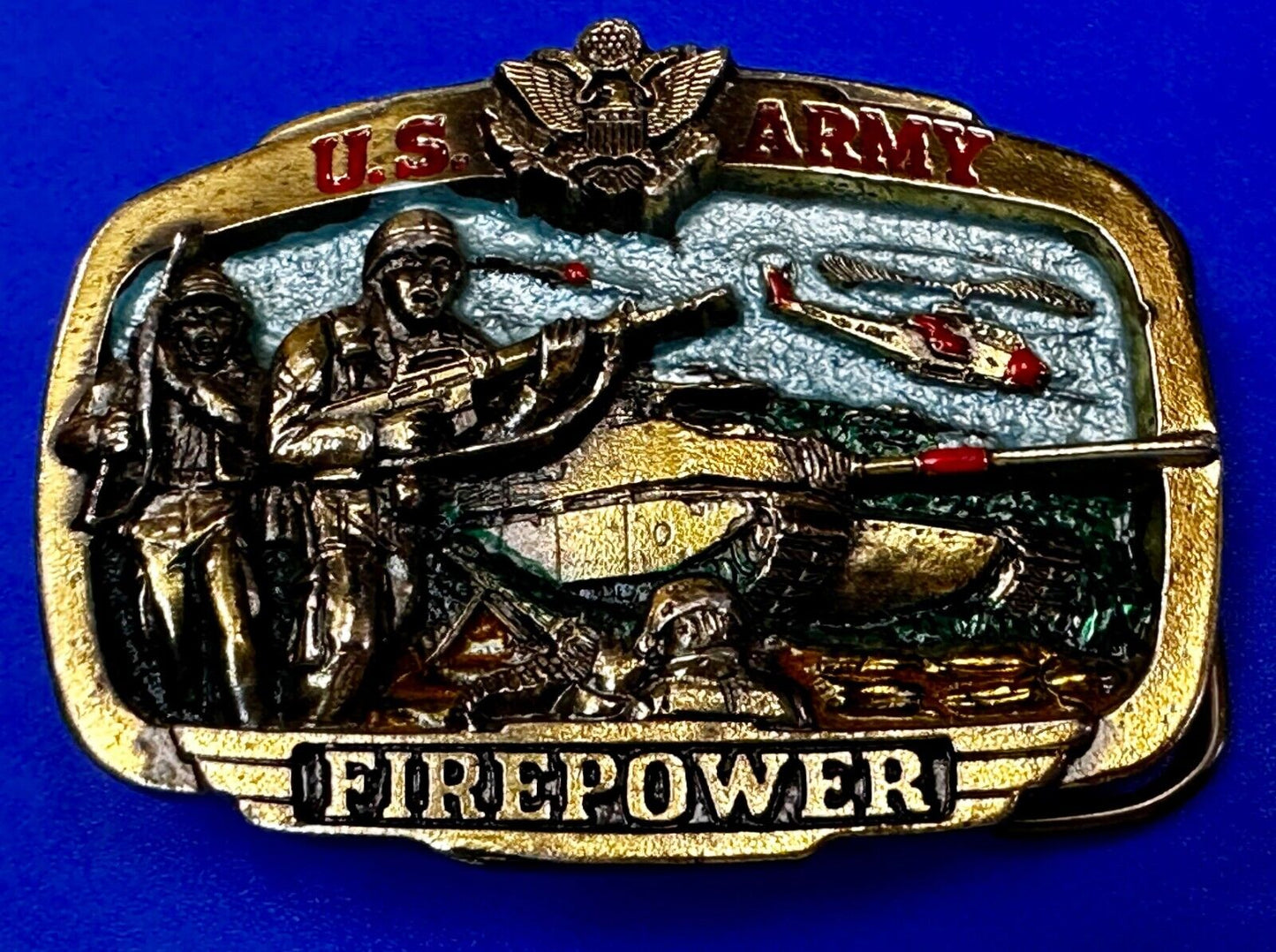 US Army Fire Power The Great American Buckle company Vintage Tank Helicopter