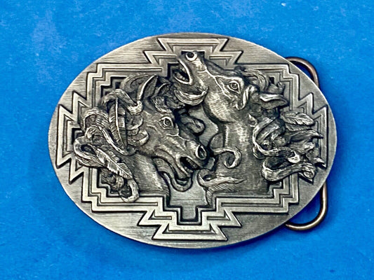 1995 Two Horse Head's Native American Indian Feather Bergamot B-256 belt buckle 