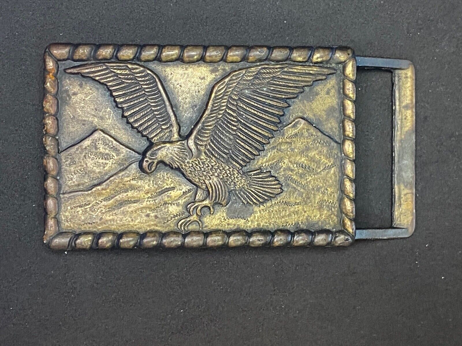 Hunting, Diving Flying Patriotic Eagle Over Mountain Range Belt Buckle 