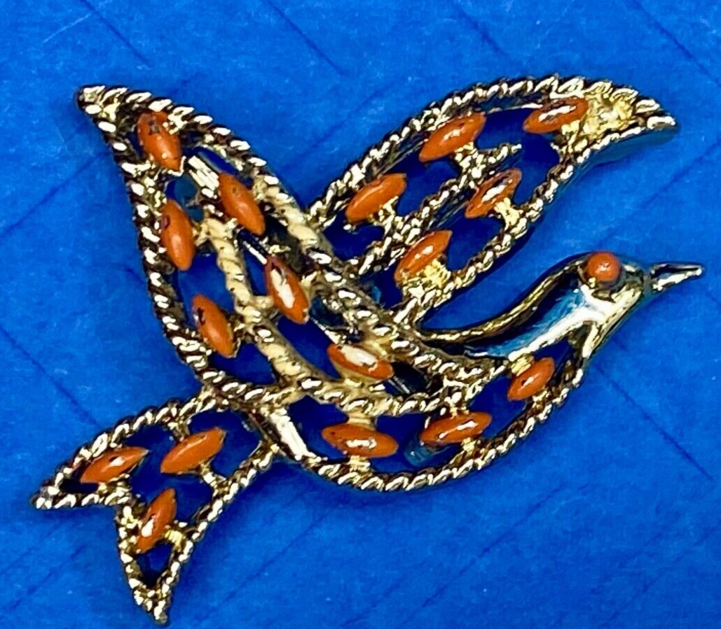 Vintage Gerry's Flying Bird Dove Orange Stone Enamel Gold Tone Brooch Pin