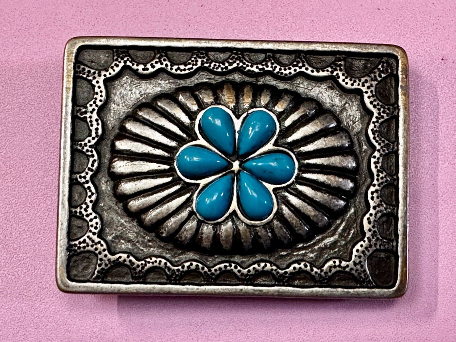 Turquoise Stone Center Floral Theme Native American Indian Style Belt Buckle