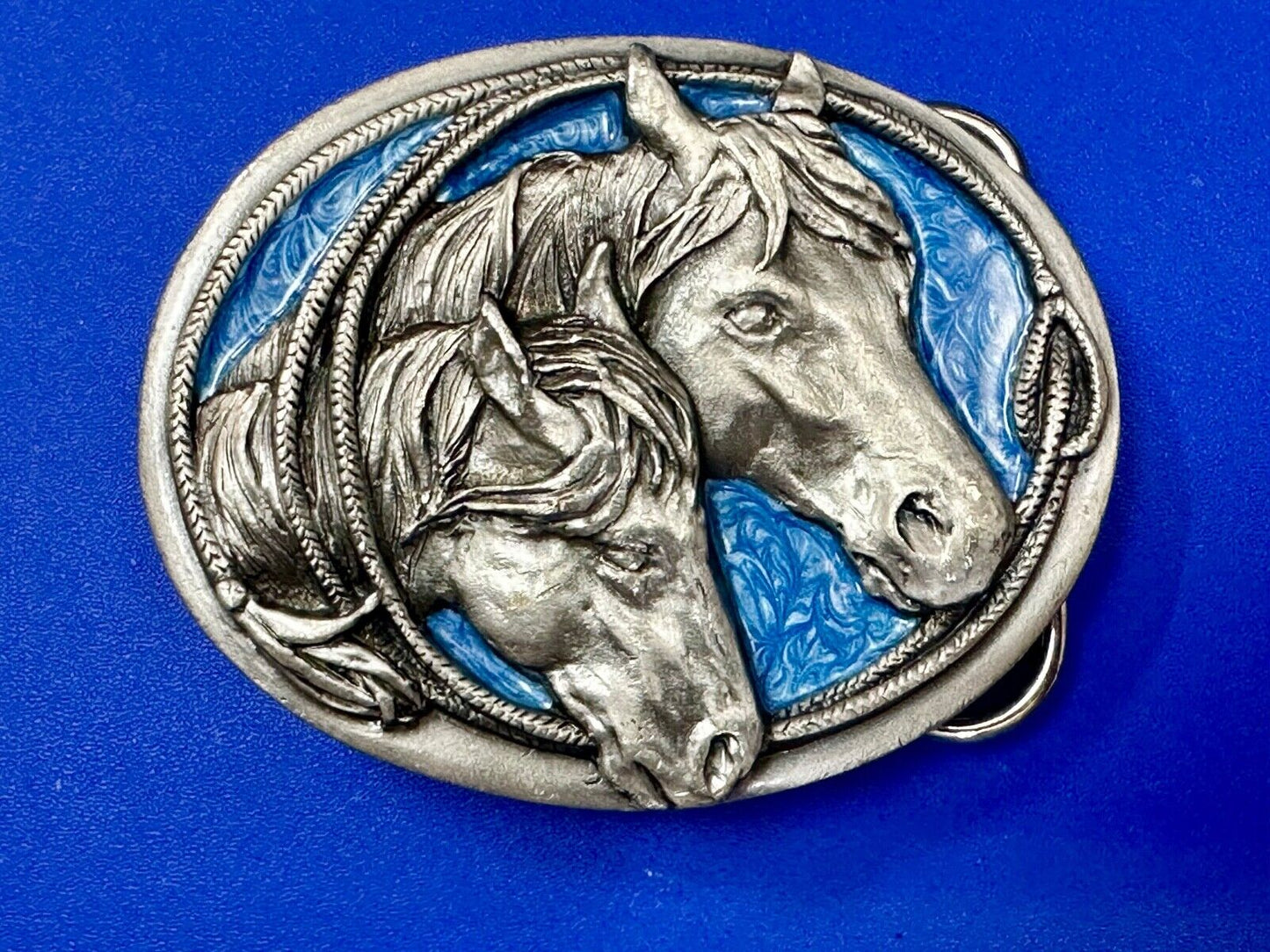 Two Horses - Vintage U-10 Siskiyou Blue Enamel Belt Buckle