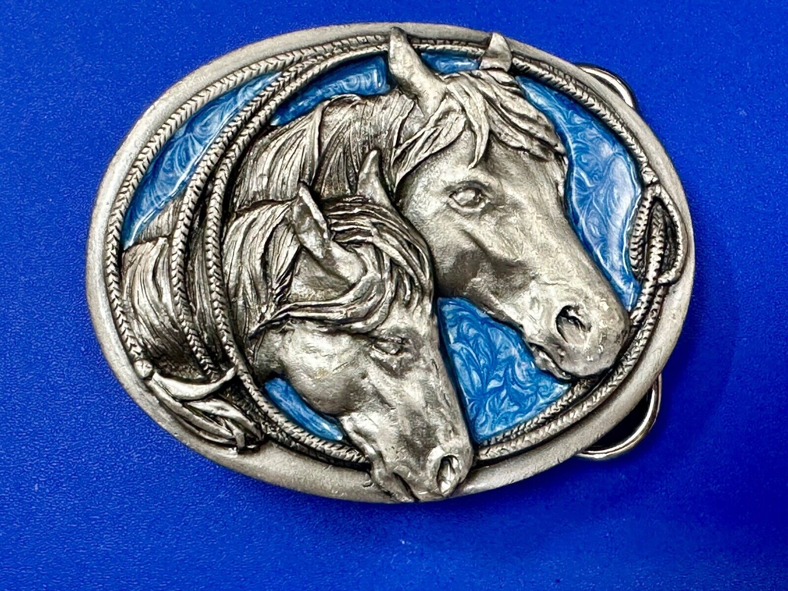 Two Horses - Vintage U-10 Siskiyou Blue Enamel Belt Buckle