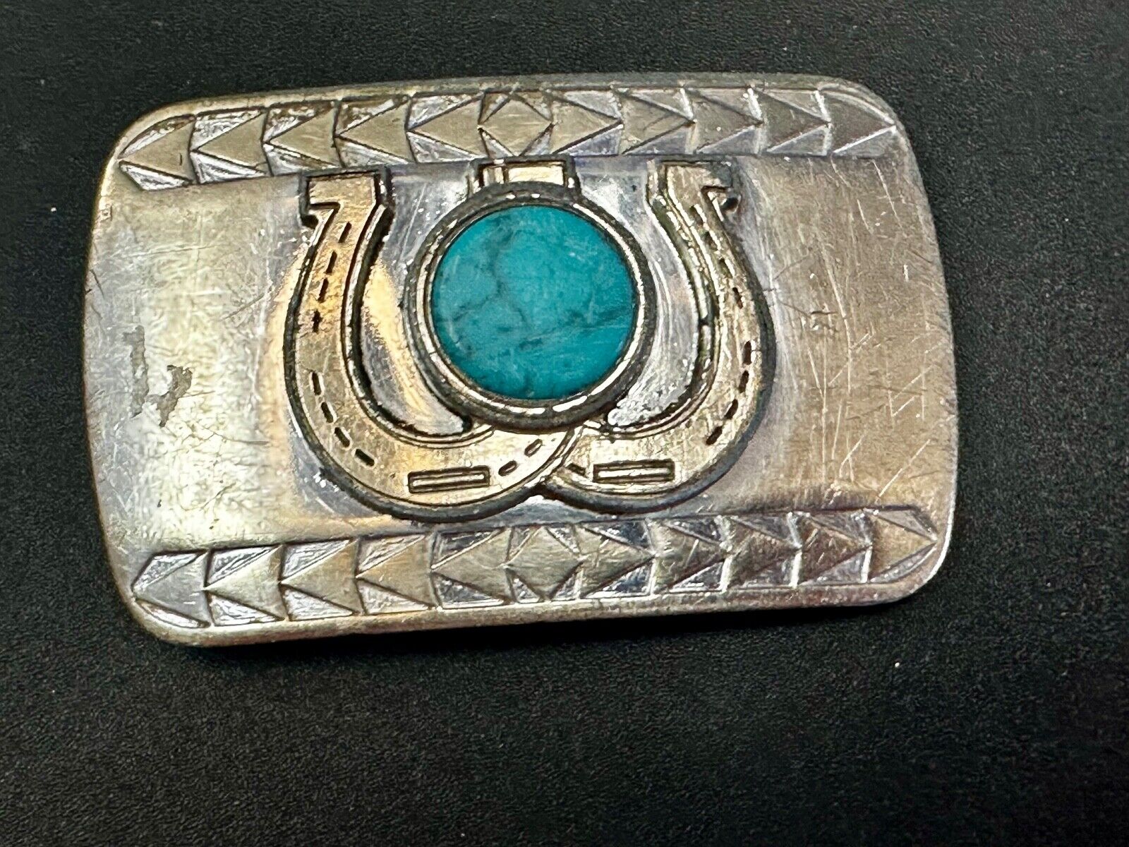 Turquoise Stone centerpiece Western Belt Buckle w/Lucky Dual Horseshoe Surround