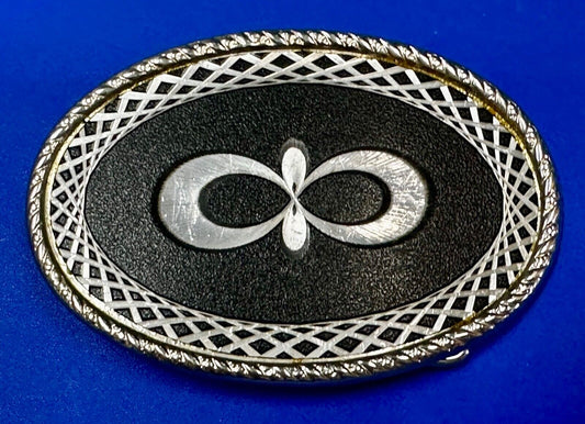 Vintage etched Figure 8 pattern on two tone Black & Silver Belt Buckle