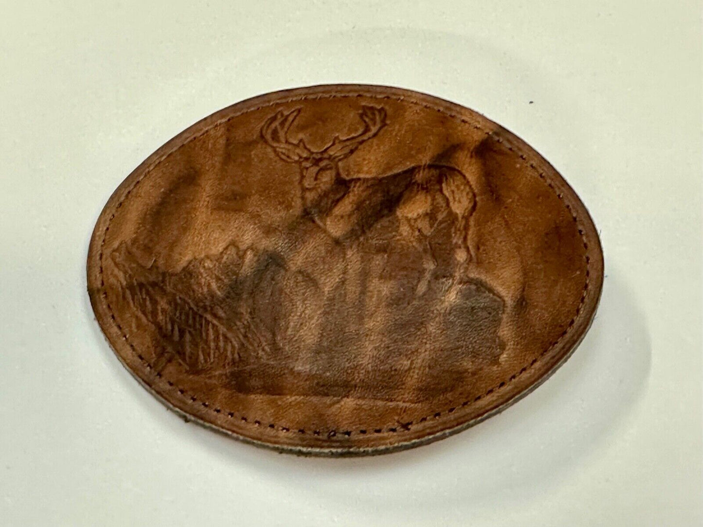 Vintage DEER in Nature, Hunters Leather oval LARGE belt buckle
