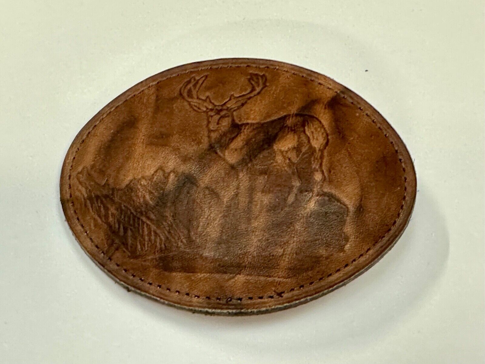 Vintage DEER in Nature, Hunters Leather oval LARGE belt buckle