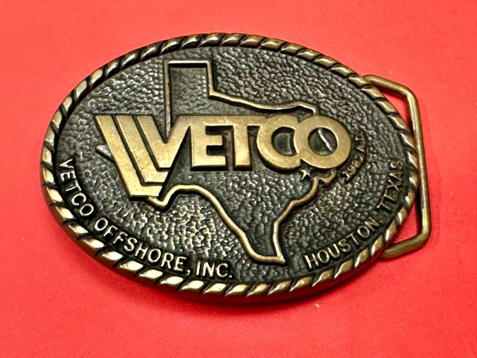VETCO Houston Texas OffShore Inc animal health Vintage solid brass belt buckle