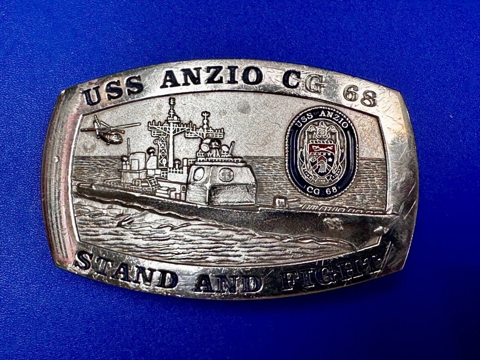 U.S.S. Anzio CG 68 Missile Cruiser Ship Stand and Fight US Navy Vtg. Belt Buckle