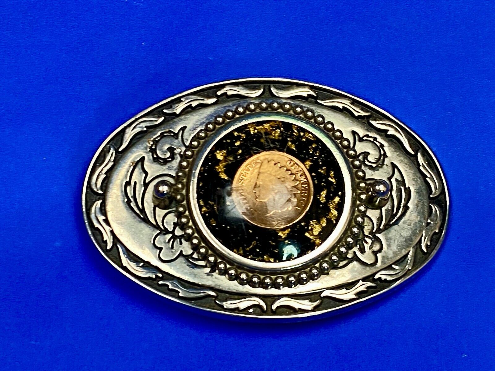 1887 Indian Head Penny Enclosed In Ornate Western Oval Belt Buckle