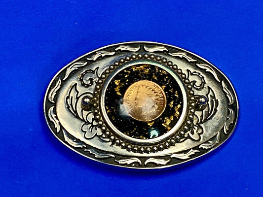 1887 Indian Head Penny Enclosed In Ornate Western Oval Belt Buckle