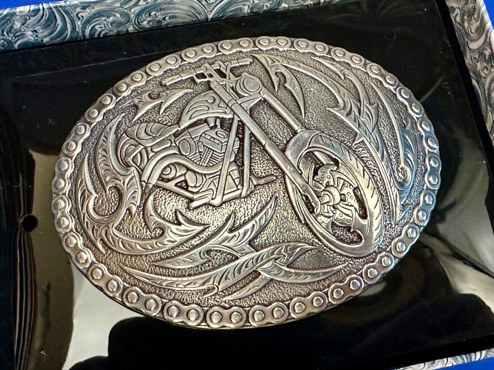 Biker Motorcycle Chopper Designed silver tone oval Crumrine Belt Buckle in box