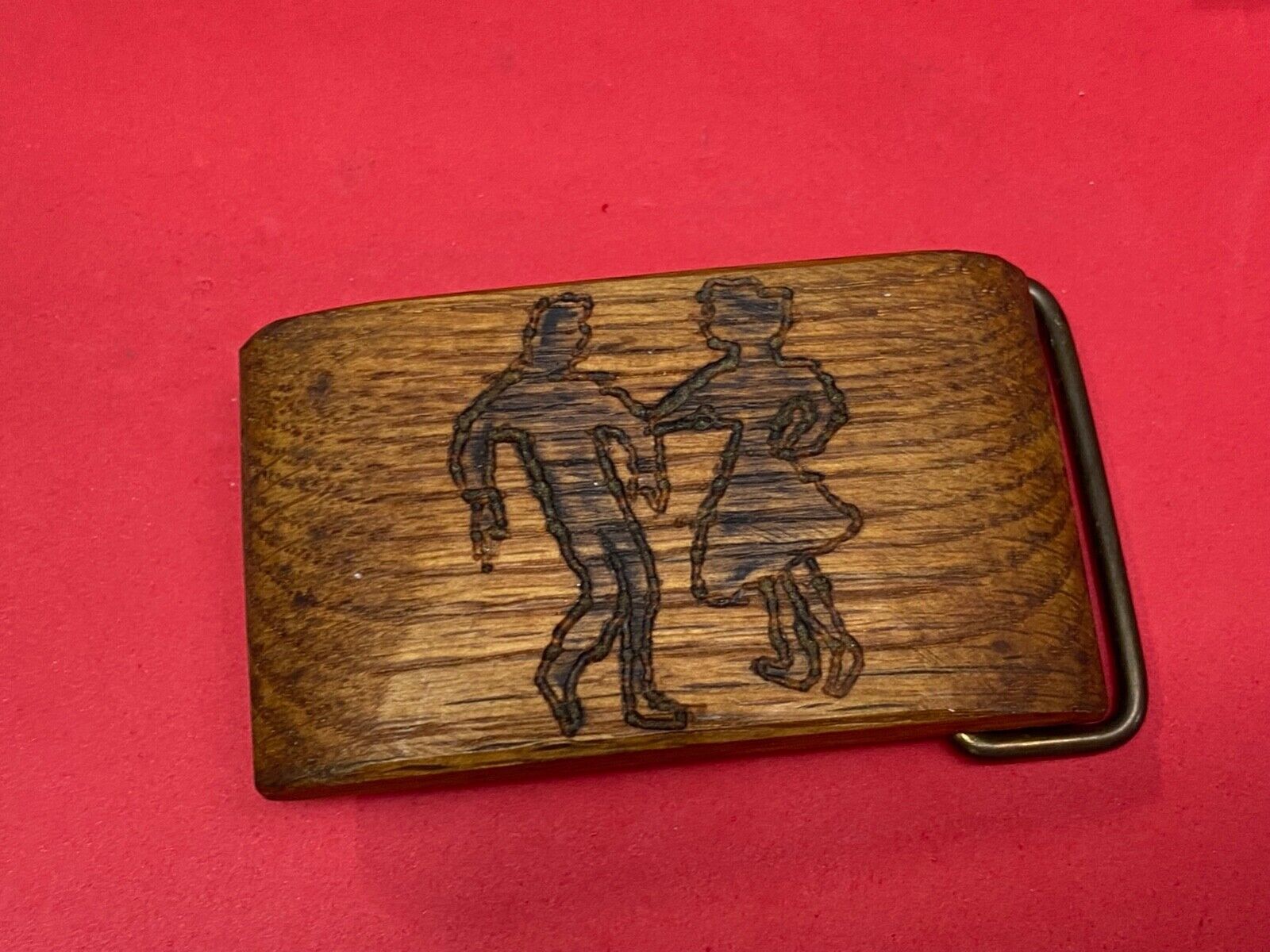 Artisan country line square Dancing Couple burned into wood grain belt buckle