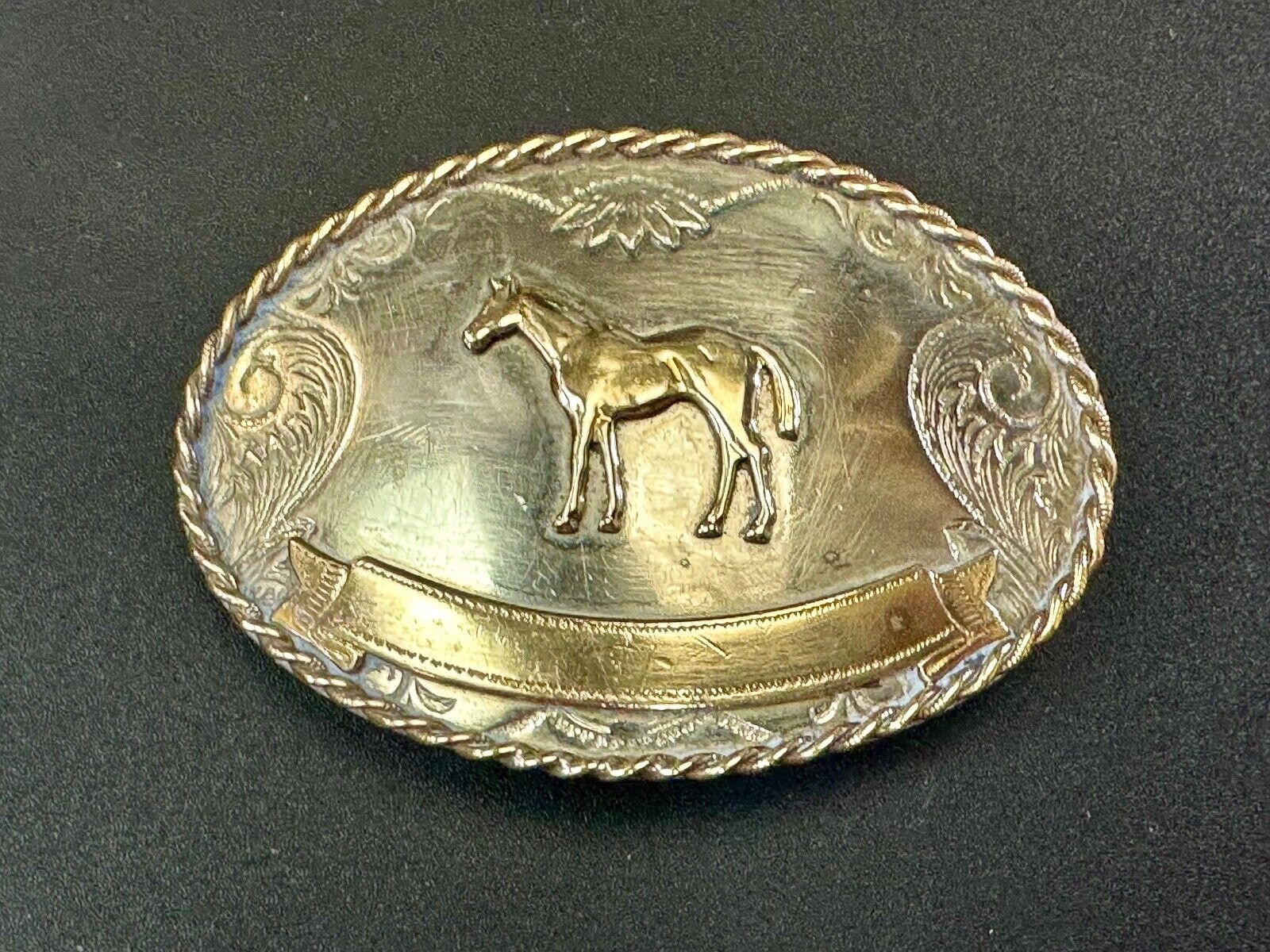 Vintage German Silver Standing Horse Engravable Trophy Award scroll belt buckle