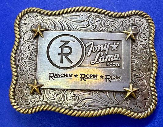 3R Ranch Ropin Ridin Gold Silver Tone Promotional Western Tony Lama Belt Buckle
