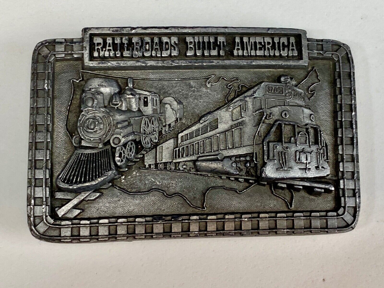 Vintage 1987 Railroads Built America Belt Buckle, RR Train Steam Engine 