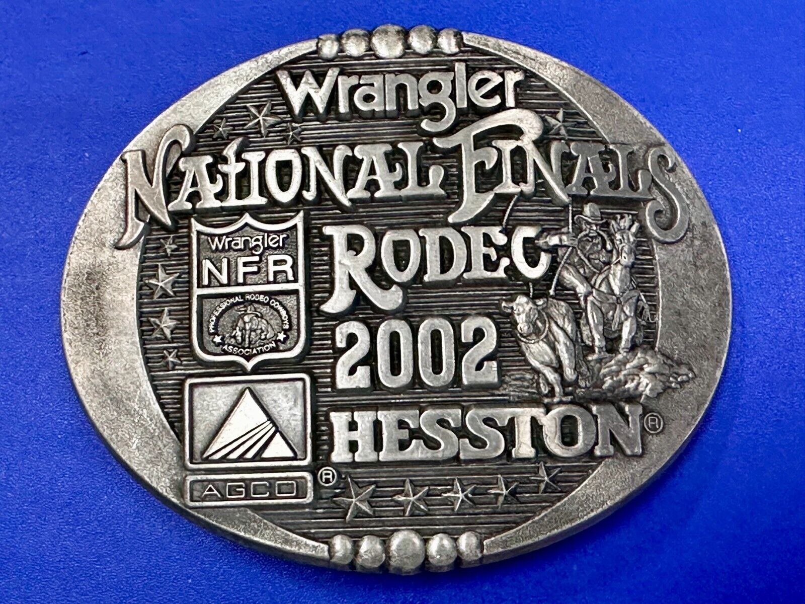 2002 Hesston NFR National Finals Rodeo Wrangler Montana Silversmiths Belt Buckle