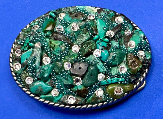 Artisan Chunky shades of Green and clear rhinestone mixed material belt buckle