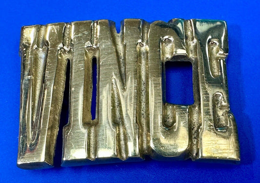 Vince,  Cutout block letters solid brass Vintage belt buckle marked Taiwan ROC